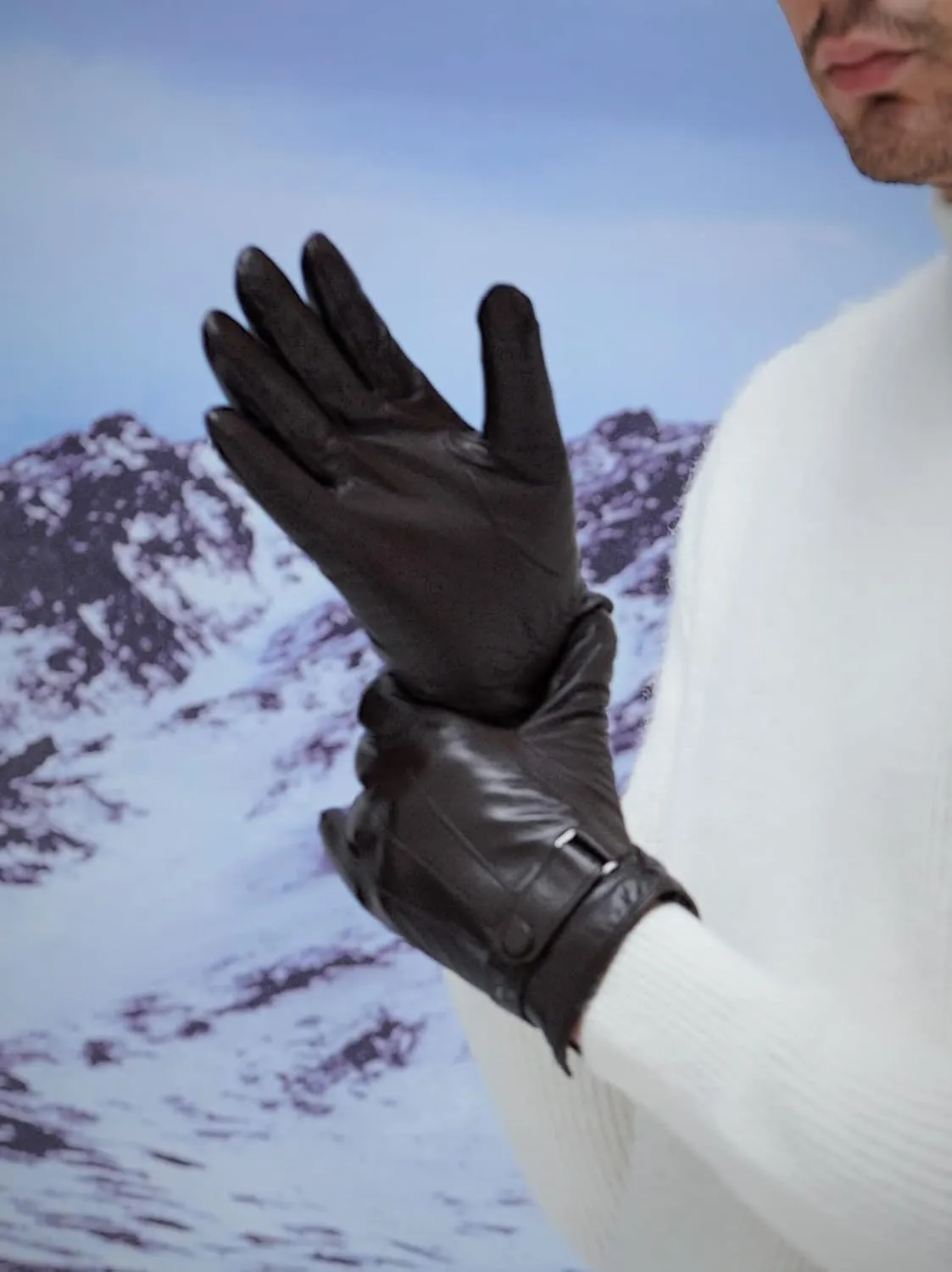 YISEVEN Winter Men's Warm Genuine Lambskin Leather Gloves Skin Tight with Button