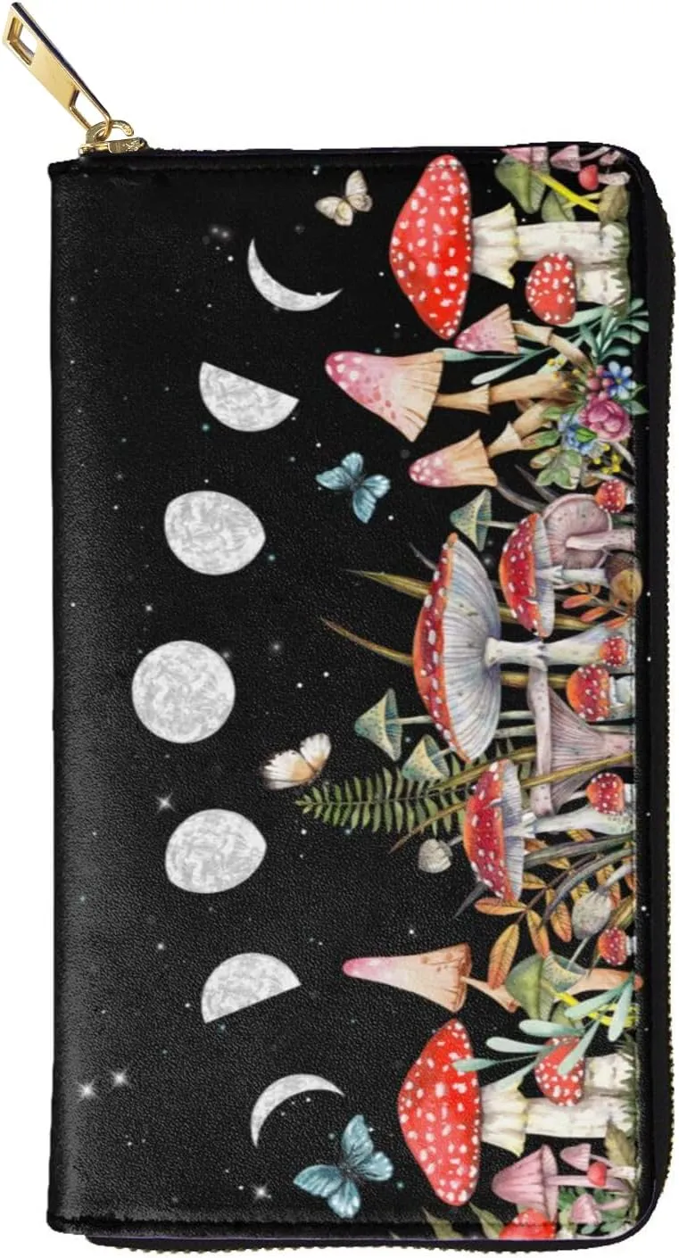 YISHOW Mushroom Wallet Slim Thin Leather Purse Wallet With Zip Around Clutch Casual Handbag For Phone Key Credit Cards