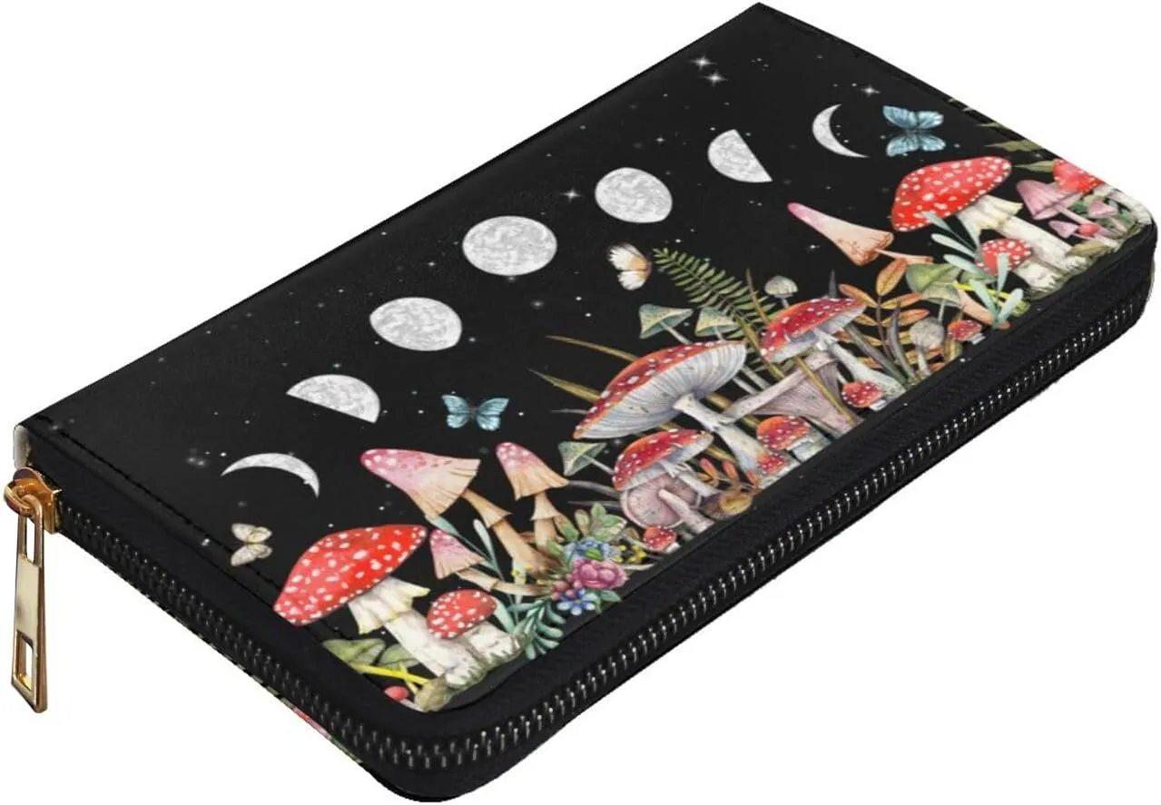 YISHOW Mushroom Wallet Slim Thin Leather Purse Wallet With Zip Around Clutch Casual Handbag For Phone Key Credit Cards