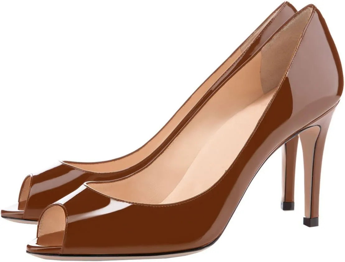 YODEKS Women's Peep Toe High Heel Pumps 8CM Patent Leather Heeled Wedding Office Dress Shoes