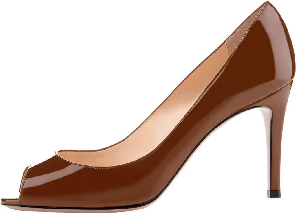 YODEKS Women's Peep Toe High Heel Pumps 8CM Patent Leather Heeled Wedding Office Dress Shoes