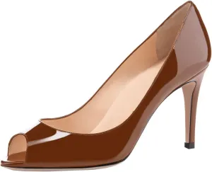 YODEKS Women's Peep Toe High Heel Pumps 8CM Patent Leather Heeled Wedding Office Dress Shoes