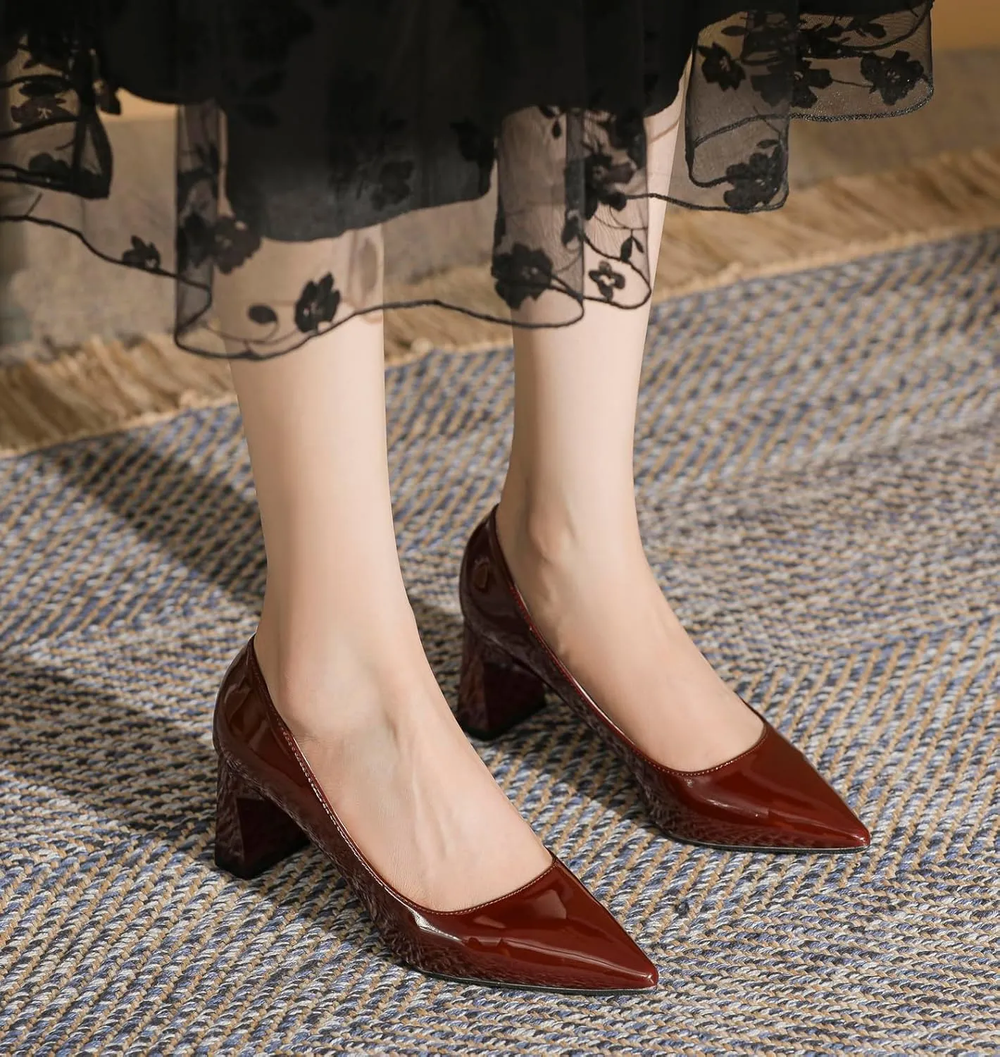 YooPrettyz Women Chunky High Heels Patent Leather Pumps Comfort Dress Retro Closed Pointed Toe Party Shoes