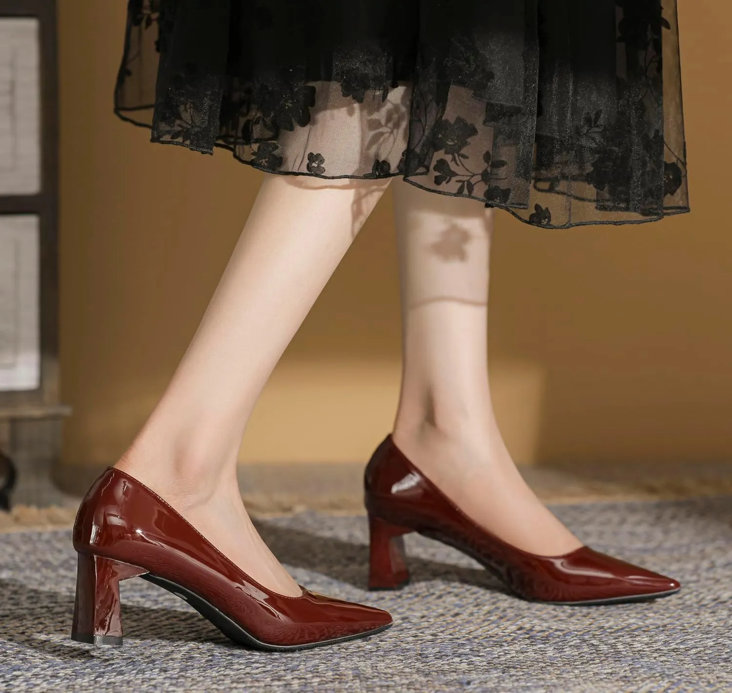 YooPrettyz Women Chunky High Heels Patent Leather Pumps Comfort Dress Retro Closed Pointed Toe Party Shoes