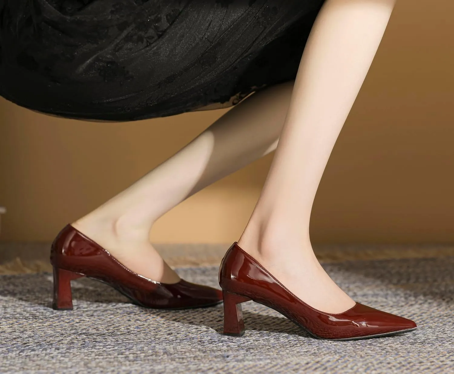 YooPrettyz Women Chunky High Heels Patent Leather Pumps Comfort Dress Retro Closed Pointed Toe Party Shoes
