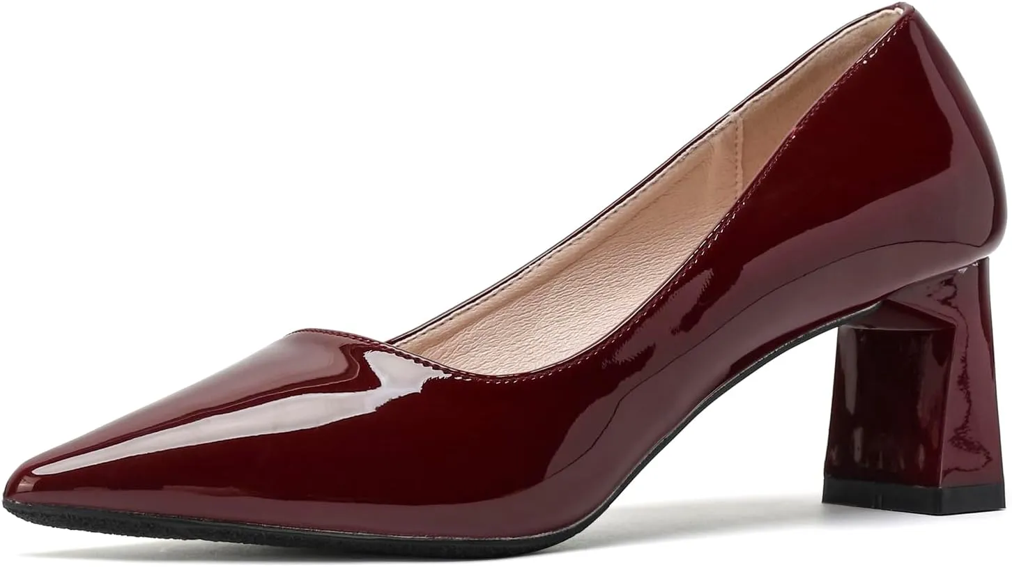 YooPrettyz Women Chunky High Heels Patent Leather Pumps Comfort Dress Retro Closed Pointed Toe Party Shoes