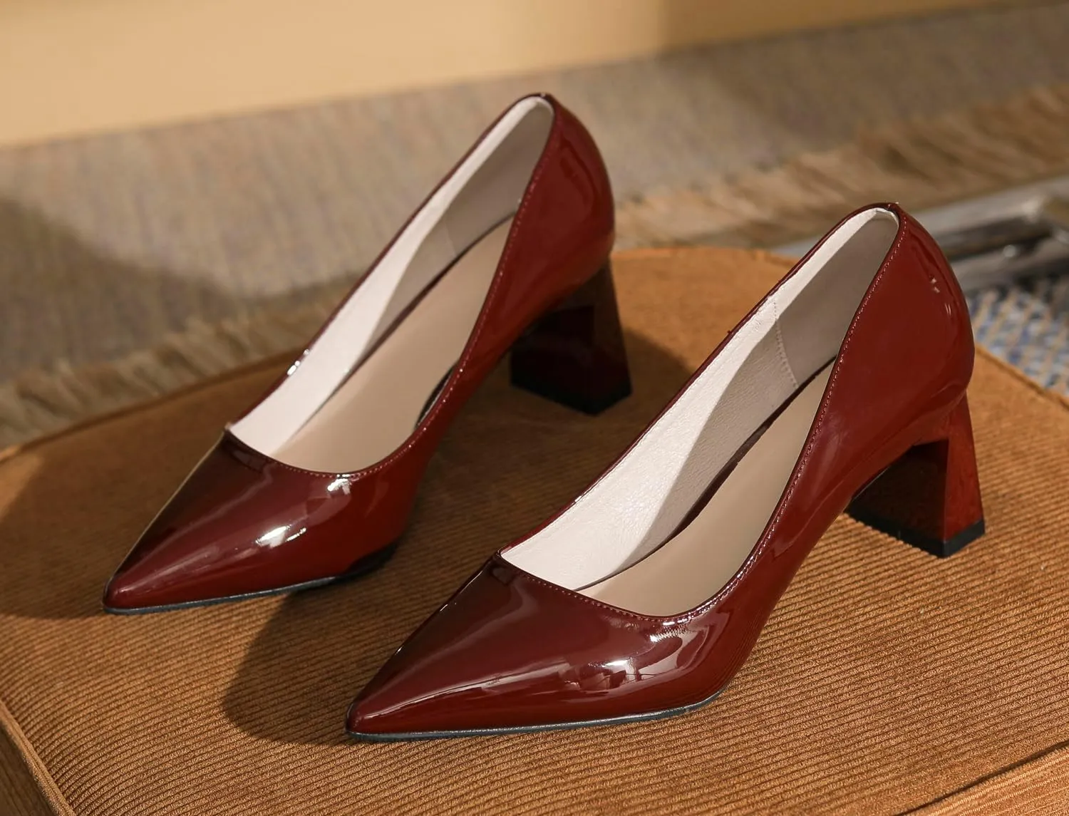 YooPrettyz Women Chunky High Heels Patent Leather Pumps Comfort Dress Retro Closed Pointed Toe Party Shoes