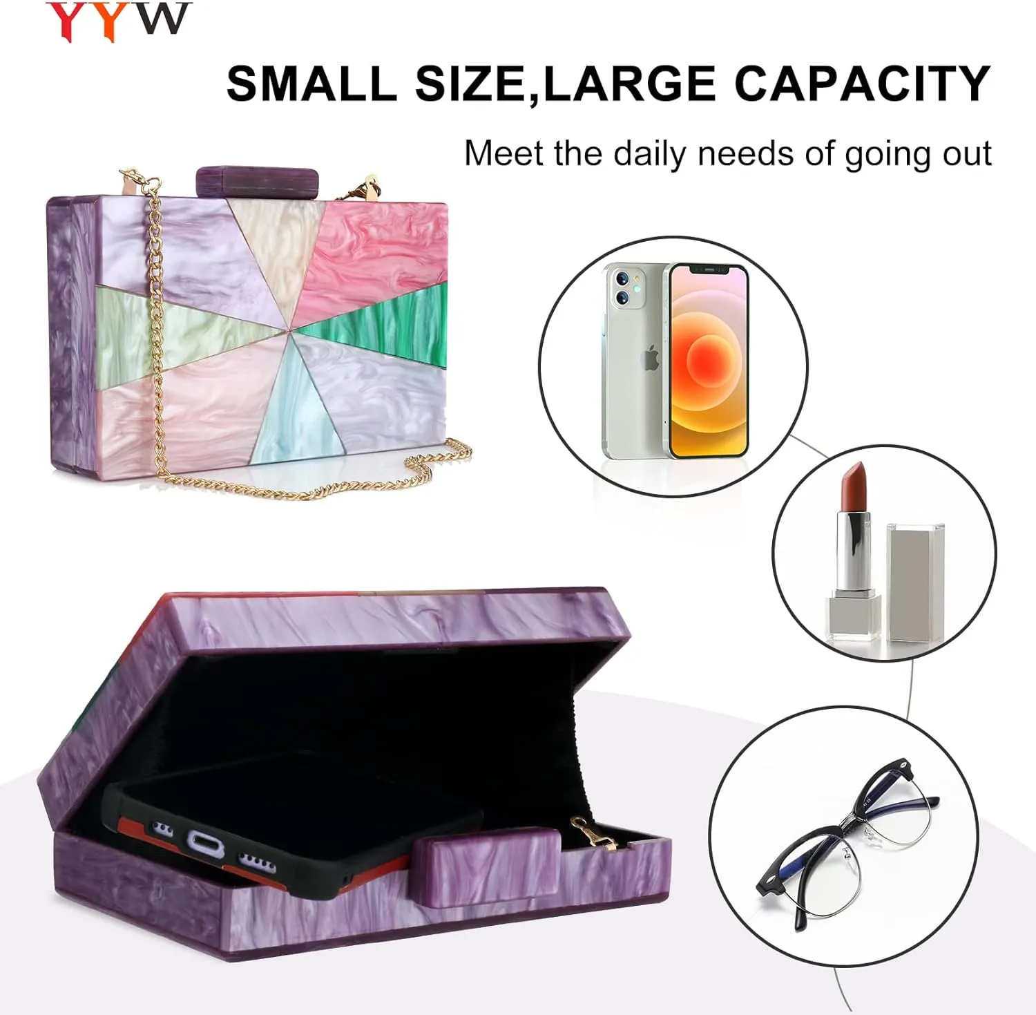 YYW Acrylic Clutch Purses for Women Wedding : Multicolor Evening Crossbody Bag Marbling Handbags with Detachable Chain