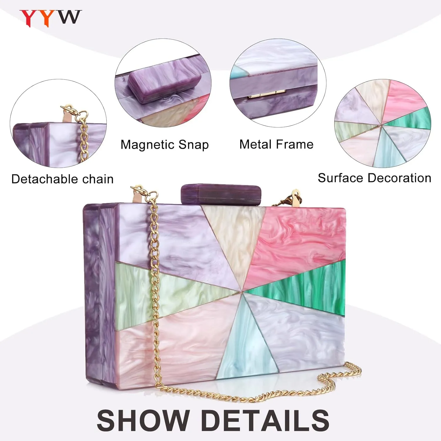YYW Acrylic Clutch Purses for Women Wedding : Multicolor Evening Crossbody Bag Marbling Handbags with Detachable Chain