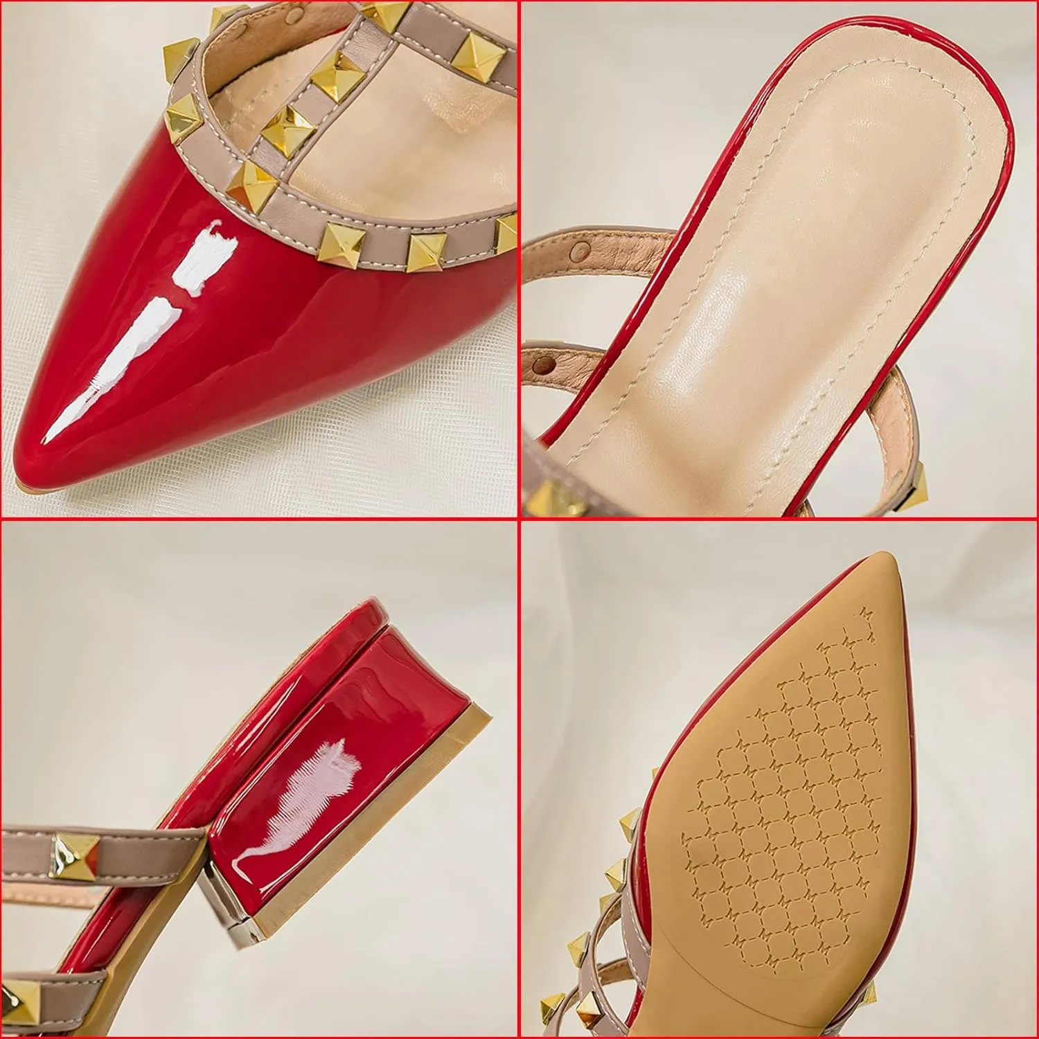 Zeberfi Women's Patent Leather Closed Pointed Toe Rivet Heeled Sandals Fashion Multi Band Studded Slingback Chunky Mid Heel Work Pumps Slippers