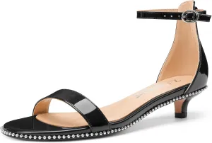 Z.Oufeier Women's Low Kitten Heels Open Peep Toe Ankle Strap Studded Buckle Dressy Heeled Sandals Beaded Patent Leather Summer Prom Party Shoes