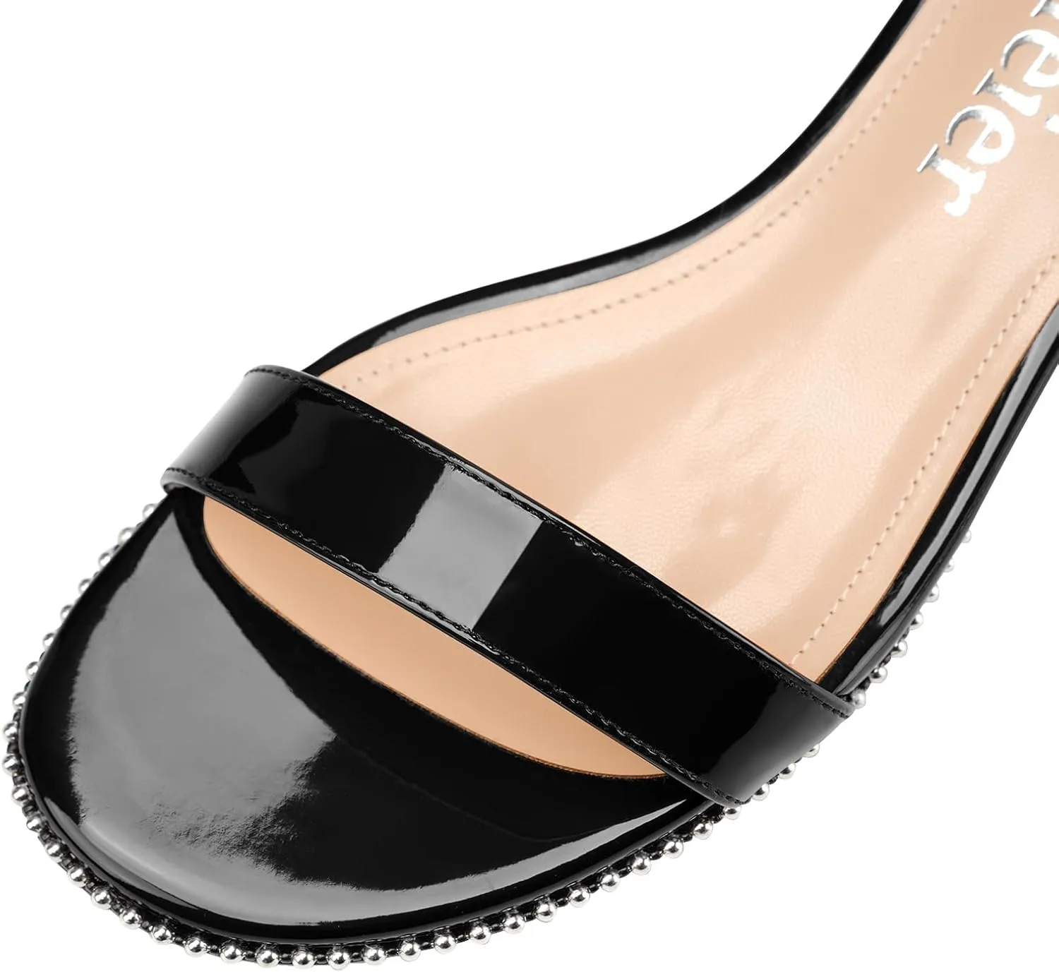 Z.Oufeier Women's Low Kitten Heels Open Peep Toe Ankle Strap Studded Buckle Dressy Heeled Sandals Beaded Patent Leather Summer Prom Party Shoes
