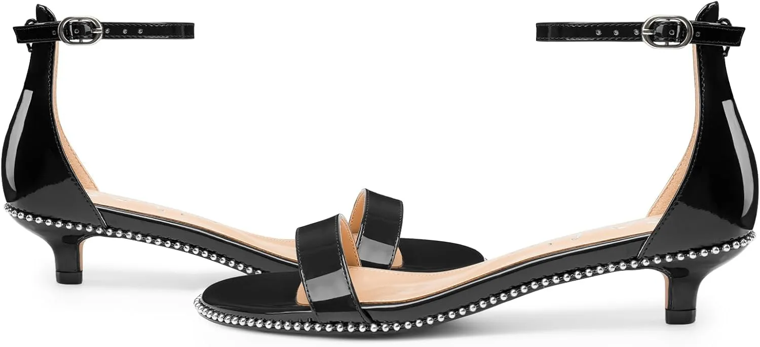 Z.Oufeier Women's Low Kitten Heels Open Peep Toe Ankle Strap Studded Buckle Dressy Heeled Sandals Beaded Patent Leather Summer Prom Party Shoes