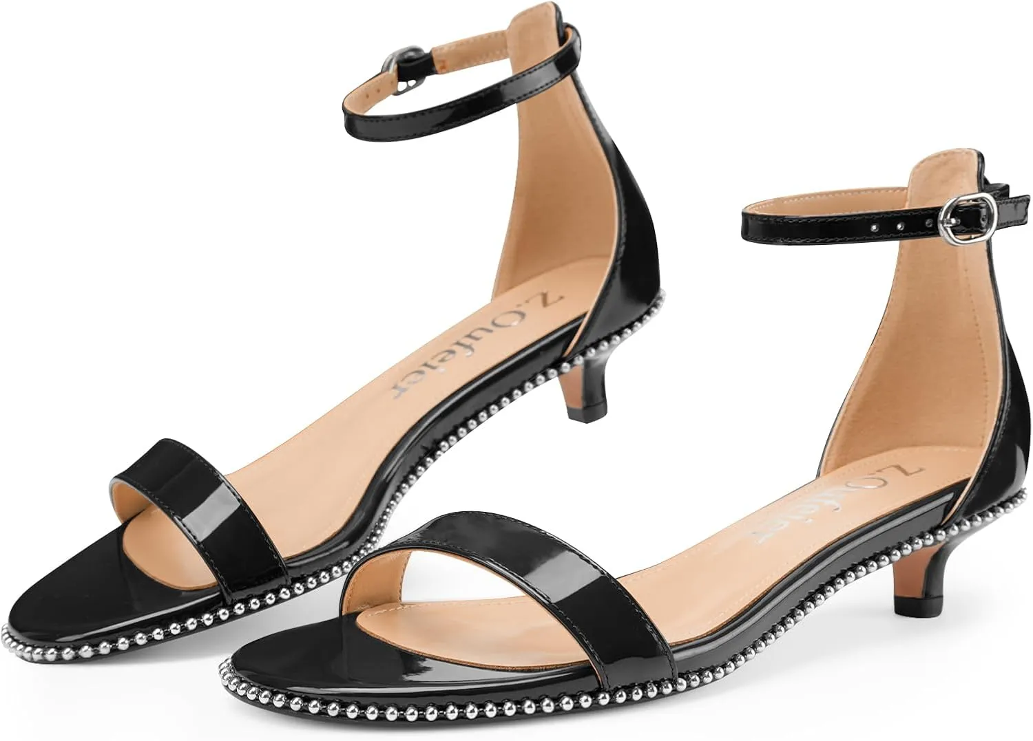 Z.Oufeier Women's Low Kitten Heels Open Peep Toe Ankle Strap Studded Buckle Dressy Heeled Sandals Beaded Patent Leather Summer Prom Party Shoes