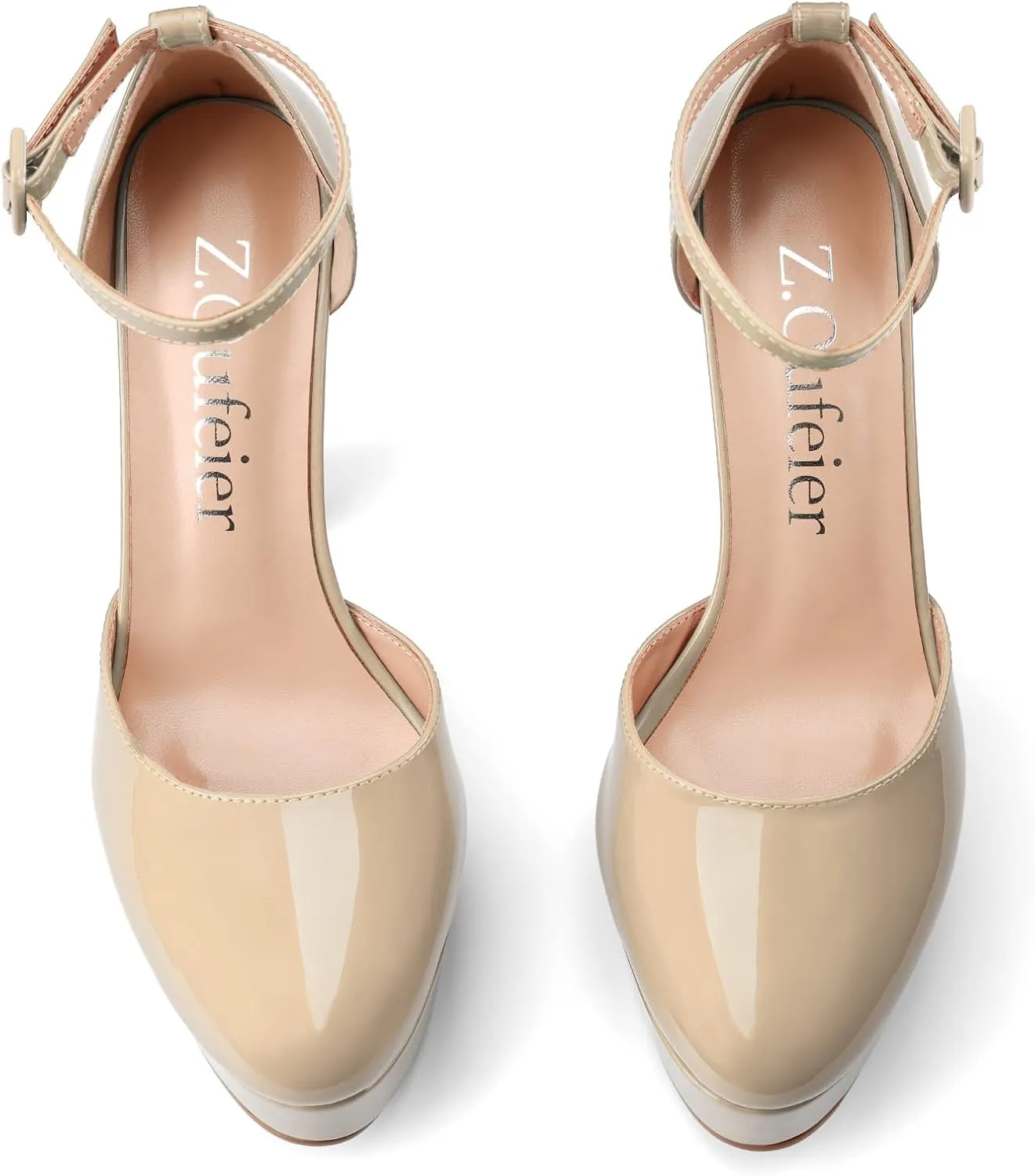 Z.Oufeier Womens Platform Chunky High Heels Patent Leather Buckle Closed Round Toe Ankle Strap Party Sexy Wedding Block High Heel Pumps Dress Shoes 5 Inch