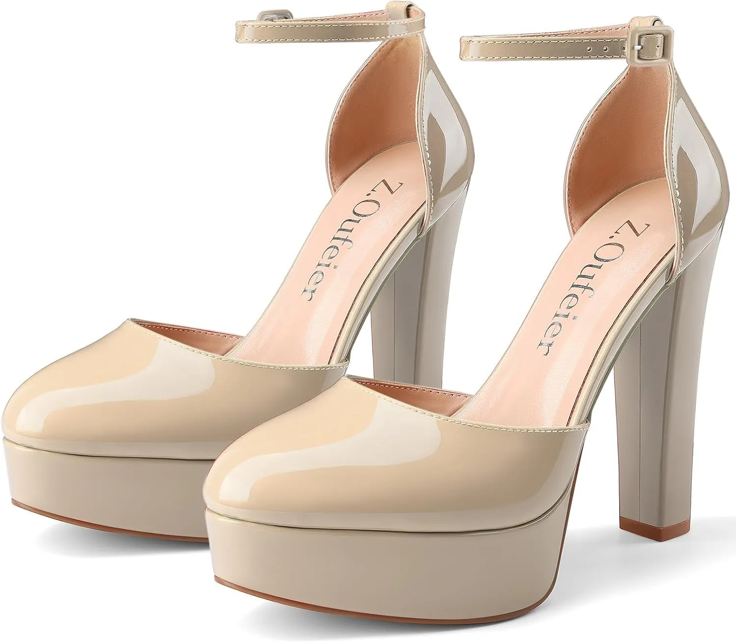 Z.Oufeier Womens Platform Chunky High Heels Patent Leather Buckle Closed Round Toe Ankle Strap Party Sexy Wedding Block High Heel Pumps Dress Shoes 5 Inch