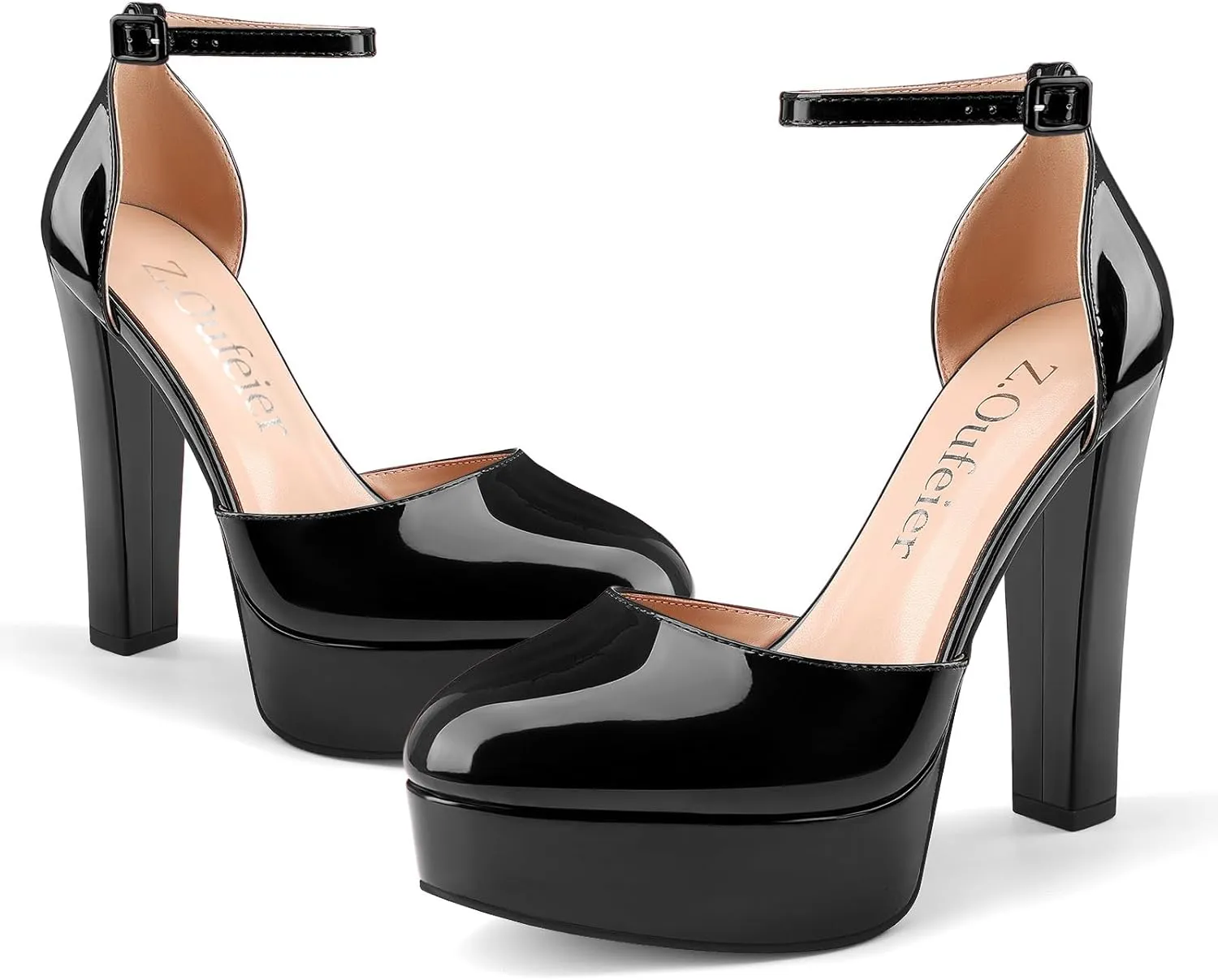 Z.Oufeier Womens Platform Chunky High Heels Patent Leather Buckle Closed Round Toe Ankle Strap Party Sexy Wedding Block High Heel Pumps Dress Shoes 5 Inch