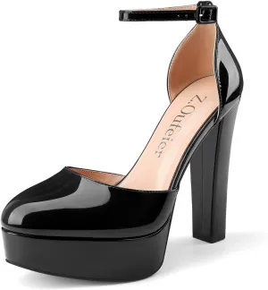 Z.Oufeier Womens Platform Chunky High Heels Patent Leather Buckle Closed Round Toe Ankle Strap Party Sexy Wedding Block High Heel Pumps Dress Shoes 5 Inch