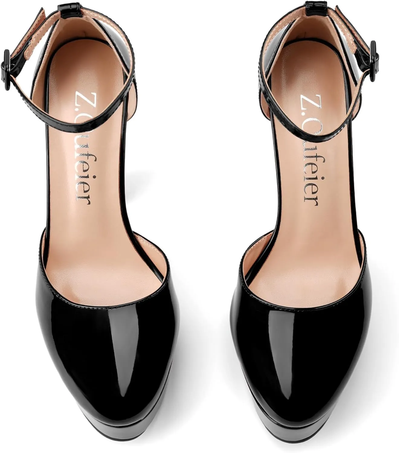 Z.Oufeier Womens Platform Chunky High Heels Patent Leather Buckle Closed Round Toe Ankle Strap Party Sexy Wedding Block High Heel Pumps Dress Shoes 5 Inch