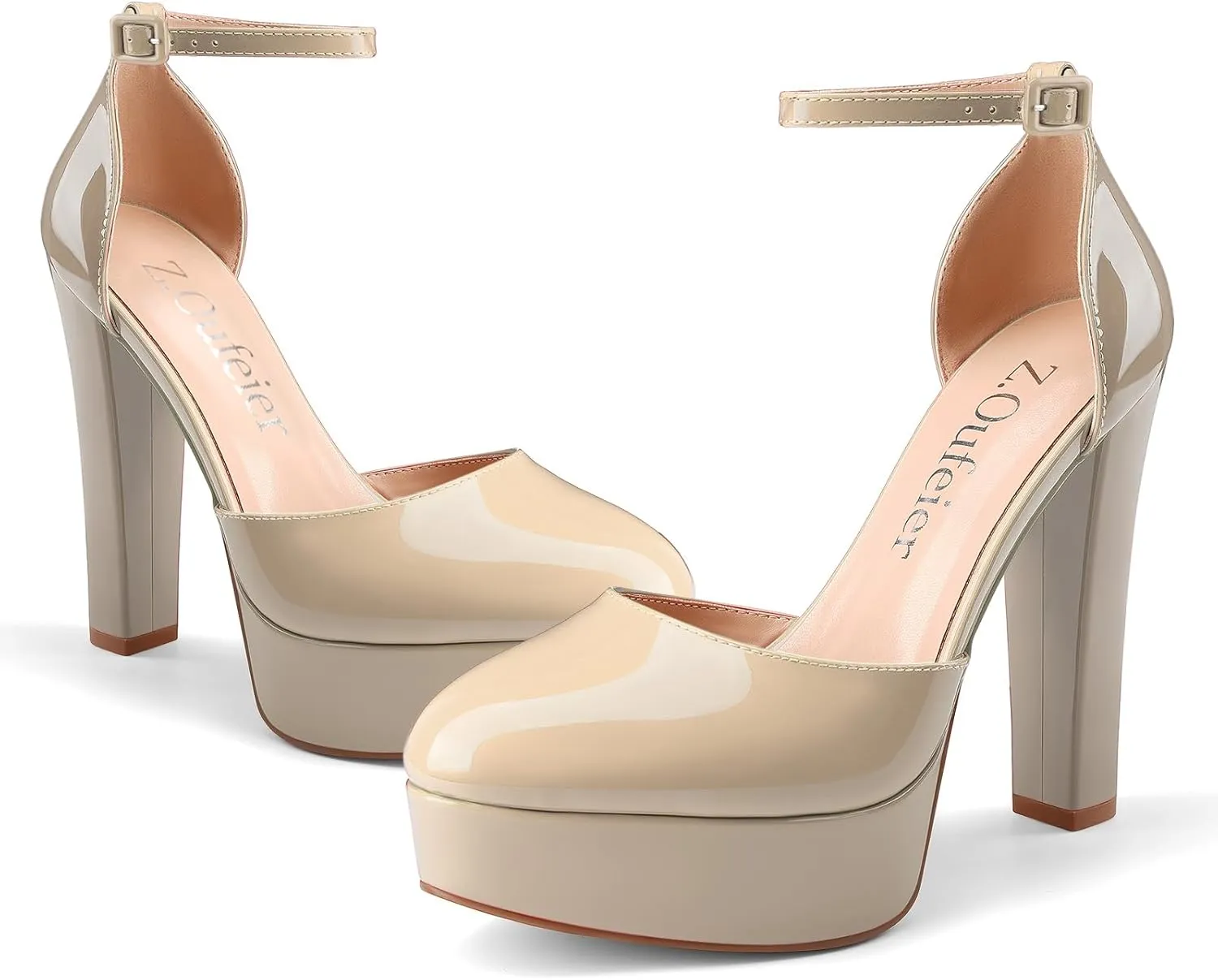 Z.Oufeier Womens Platform Chunky High Heels Patent Leather Buckle Closed Round Toe Ankle Strap Party Sexy Wedding Block High Heel Pumps Dress Shoes 5 Inch