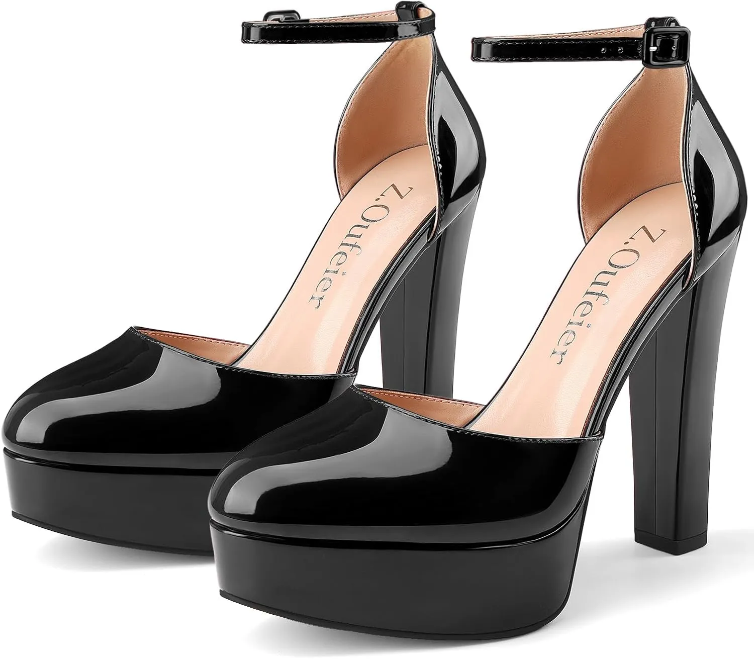 Z.Oufeier Womens Platform Chunky High Heels Patent Leather Buckle Closed Round Toe Ankle Strap Party Sexy Wedding Block High Heel Pumps Dress Shoes 5 Inch