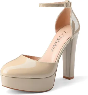 Z.Oufeier Womens Platform Chunky High Heels Patent Leather Buckle Closed Round Toe Ankle Strap Party Sexy Wedding Block High Heel Pumps Dress Shoes 5 Inch